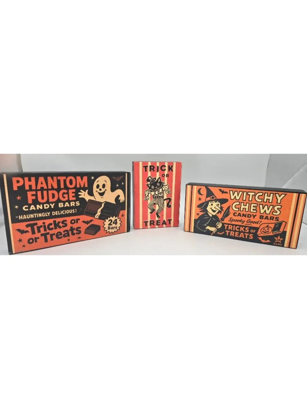OOAK Set of 3 Retro Halloween Wood Wall Signs Candy Advertising Ghost Cat Witch